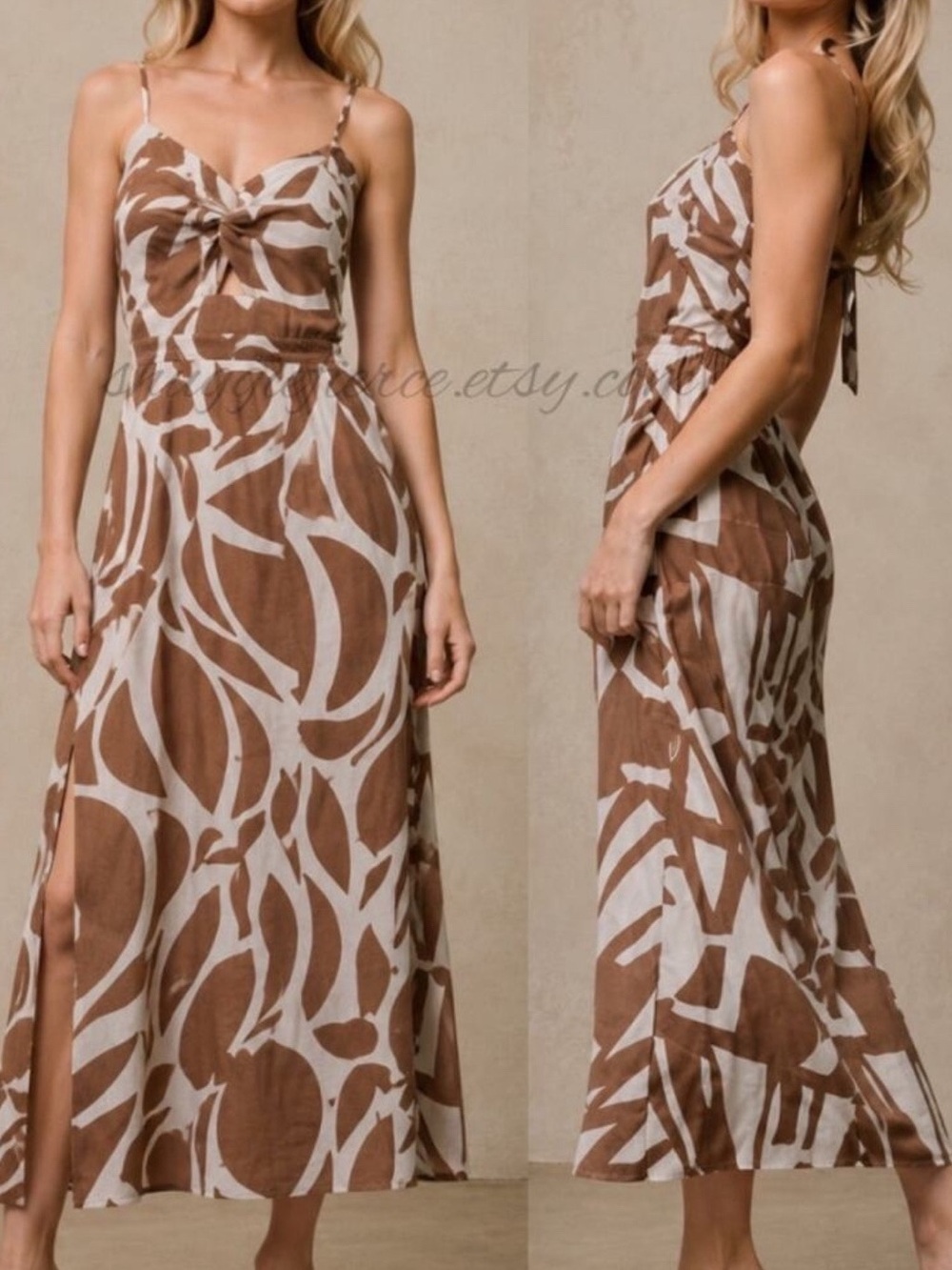 STATE Brown & Cream Abstract Print Tie-Back Maxi Linen blend Dress